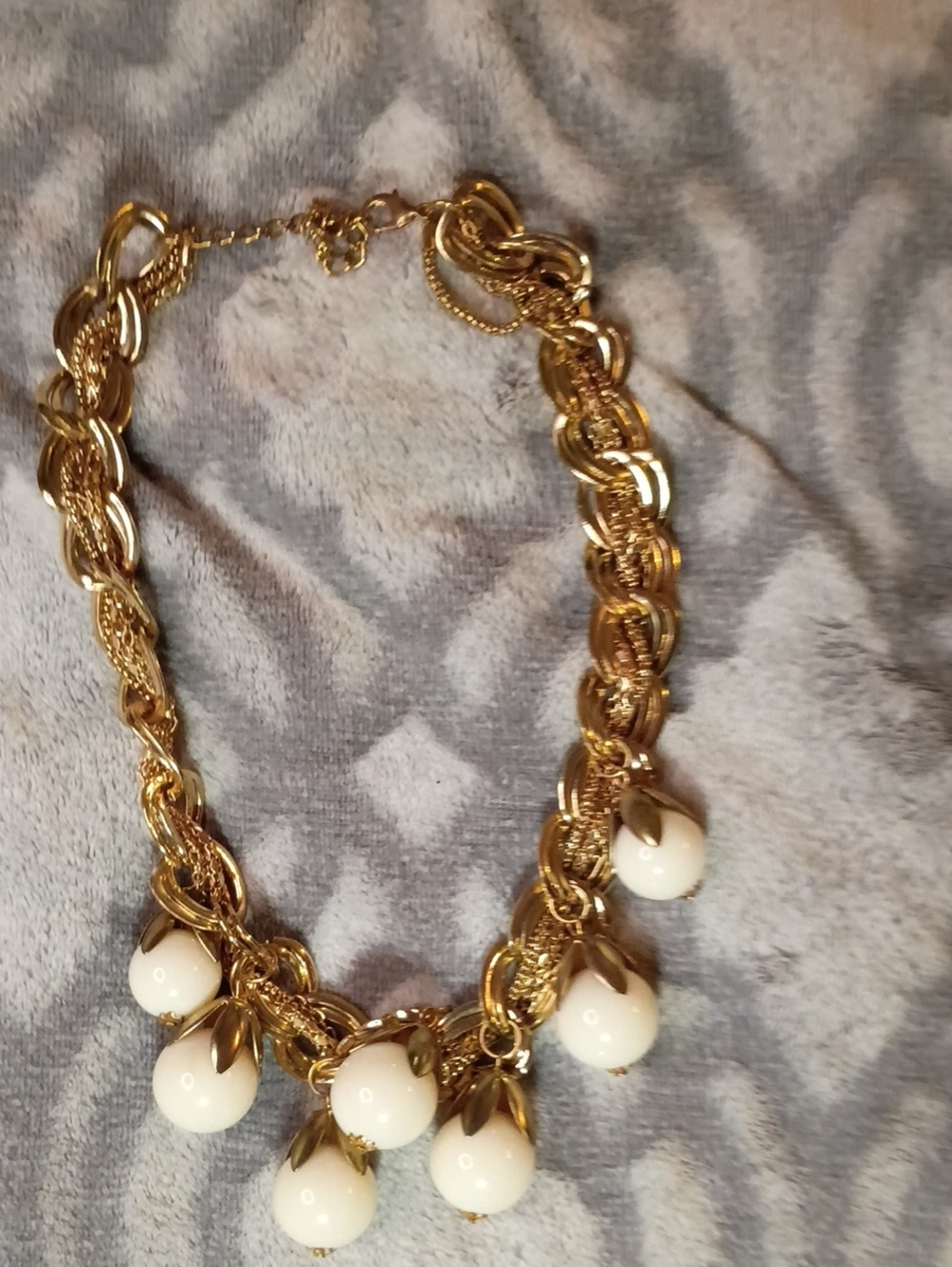 Vintage Gold Necklace with White Drop Beads